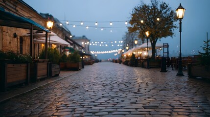 Fototapeta premium A European cobblestone street illuminated by string lights and lamps in the evening twilight