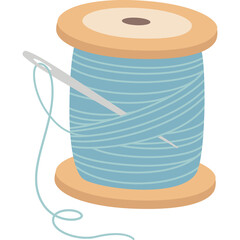 Close up of a light blue thread wound around a wooden spool with a sewing needle piercing the thread on a transparent background a simple illustration