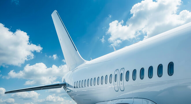 Close-up View of a Commercial Jet Airplane Fuselage and Tail Fin against a Bright Blue Sky with White Clouds, Symbolizing Global Travel and Aviation