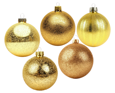 five sparkling gold glitter christmas ornaments or baubles, isolated and dynamically arranged on a pure transparent background for holiday design compositions.