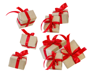 small gift boxes wrapped in natural brown craft paper and tied with vibrant red ribbon, dynamically floating against a pure transparent background for overlays.
