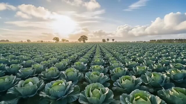 An expansive field of vibrant green cabbages stretches in perfectly orderly rows towards the distant horizon, creating a striking agricultural landscape. The scene is bathed in the warm, golden glow o