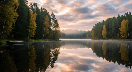 Peaceful autumn morning on a calm lake with forest reflections and a cloudy sunrise sky.
