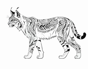 lynx; bobcat in modern tribal tattoo, abstract line art of animals, minimalist contour. Vector