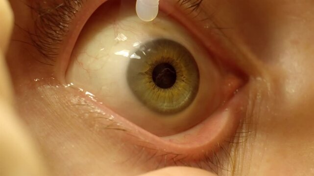 Close up of eye drop application on contact lens