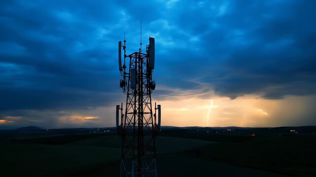 Tower stands against storm cloud. Antenna and mast silhouette face dramatic sunset. Telecom and cell network overlook rain and cloud. Lightning glow touches horizon. Rural infrastructure evokes power.