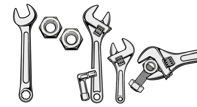 Wrench and Nut Set Versatile Tools for Repair, Construction, and Mechanical Projects. Essential for DIY enthusiasts