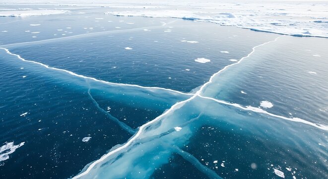Deep blue cracked ice patterns on a vast frozen lake, showcasing winter's serene and cold environment, a natural texture backdrop. - Powered by Adobe