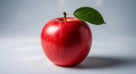 Vibrant Red Apple with Green Leaf on Clean Background