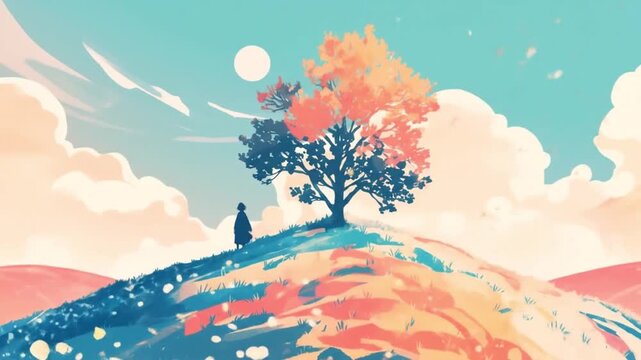 flat pastel illustration trees on hill simple Videos