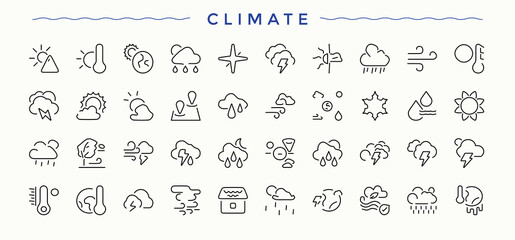 Set of Climate line icon. Eco outline icons in linear style. Icons for application. Weather line icon set. Editable stroke vector art.