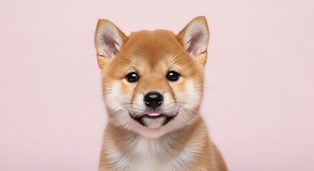 Adorable Shiba Inu Puppy Portrait with Tongue Out on Pink Background