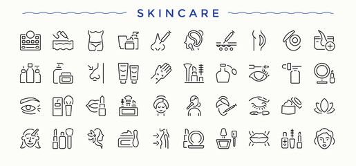 Skincare icon set. Makeup icon set. Modern vector illustration. Includes thin line symbols salon, health, skin, care, makeup, beauty and more. Editable stroke collections.