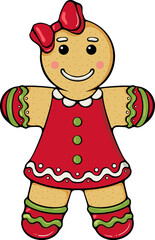 Gingerbread girl cookie in dress with bow, decorated with icing details. Symbol of holiday baking for sticker, card. Simple vector color illustration with outline in hand drawn style isolated on white