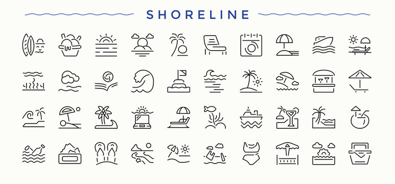 Shoreline icon pack. Outline symbol collection. Editable stroke. Vector collection. River icon set. Pictograms of river, seaside, sun, vacation and more.
