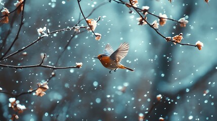 A robin in flight against a backdrop of snow falling and blooming branches.