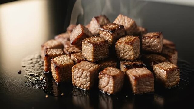 Captivating close-up footage showcases a delectable pile of seared, bite-sized meat cubes sizzling on a dark, heated surface, with wisps of steam gently rising. Each succulent piece boasts a perfectly