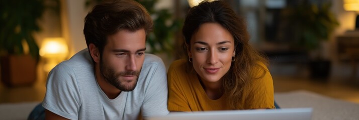 Young caucasian couple relaxing and watching laptop screen together at home