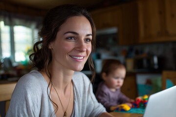 Caucasian female adult smiling while working at home with child in background