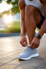Naklejka premium Young hispanic male tying running shoe outdoors at sunrise in park