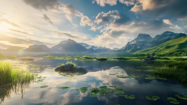 A serene mountain lake at sunrise with a reflection of the sky and clouds in the water.