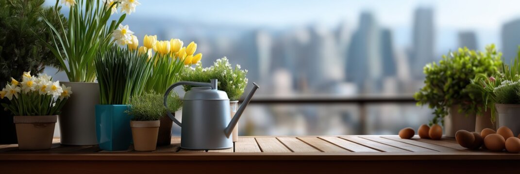 Blooming urban balcony garden with watering can and spring flowers