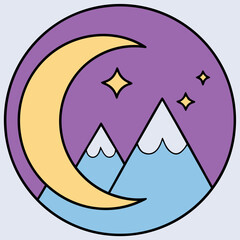 Crescent moon and stars over the mountains in a purple circle