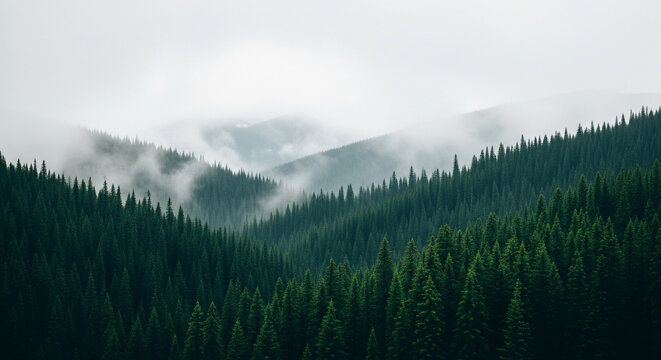 Misty evergreen forest landscape, a scenic view of trees and fog perfect for travel and nature backgrounds