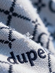 A crystalline snowflake delicately rests on a woven fabric, highlighting the embroidered word 'dupe' and representing holiday shopping trends for affordable alternatives.