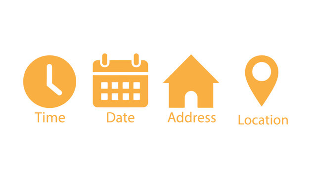 Icons representing time date address and location on a white background