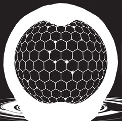 Dark vector sphere or orb with subtle speckled pattern reflecting on a calm water surface
