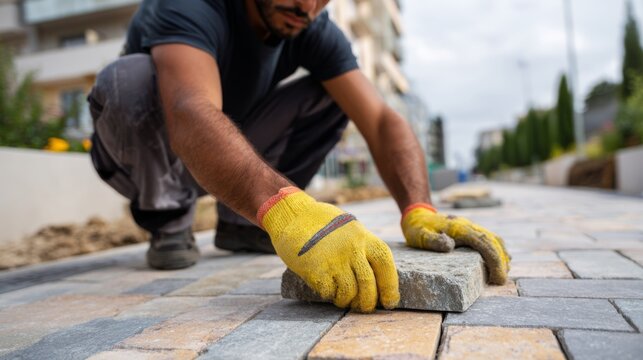 A skilled male laborer meticulously lays stones on a paved walkway, displaying craftsmanship in his work. - Powered by Adobe
