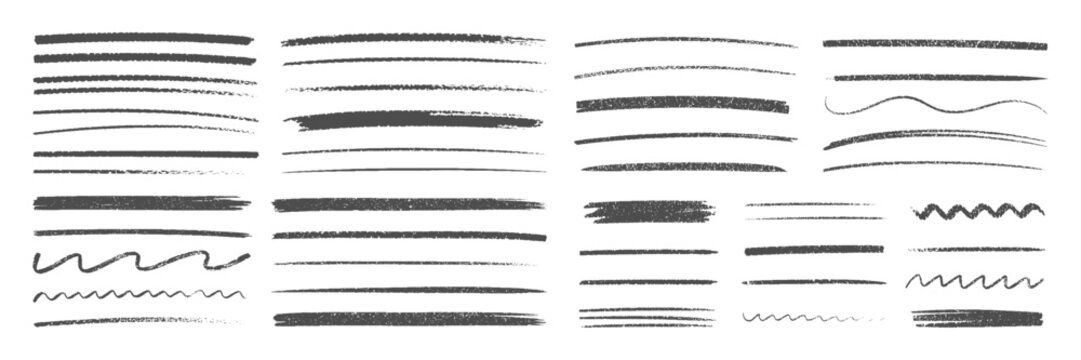 Black paint wavy and straight brush strokes vector collection. Rough charcoal strokes. Collection of vector grunge brushes. Vector horizontal chalk lines