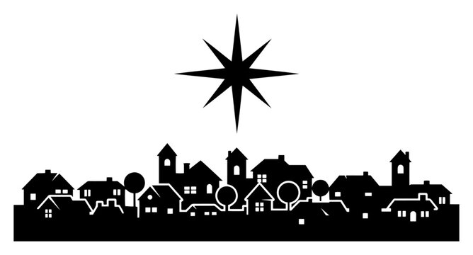 Silhouette of a small town skyline at night with a large bright star shining above houses