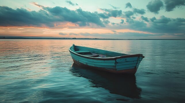 A small, weathered boat sits alone in the calm waters of a lake at sunset, with a soft, colorful sky above.