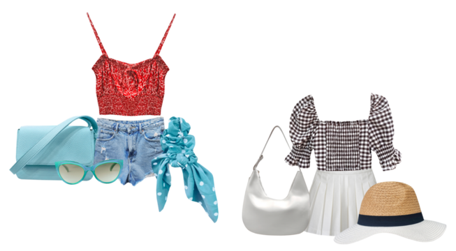 trendy gingham blouse and pleated skirt ensemble with a straw hat and silver bag evoking classic charm with a modern twist for stylish everyday wear