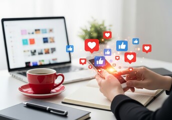 Person using smartphone with social media likes and hearts with laptop and coffee on the table