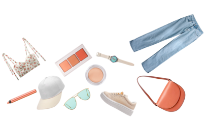 trendy collection of summer essentials featuring a floral top and light-wash jeans, perfect for creating chic and effortless seasonal styles