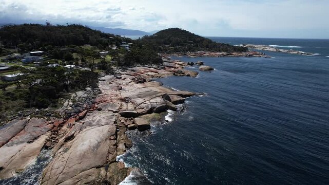 Bicheno Blowhole And Governor Island In Tasmania, Australia - Drone Shot