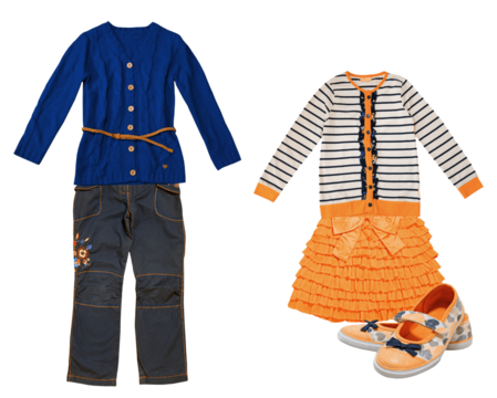 cute children's fashion featuring a blue cardigan with pants and a striped dress with orange accents and matching shoes perfect for playful days