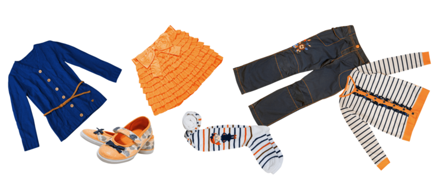 stylish assortment of children's clothing including a blue cardigan, striped dress, pants, and shoes for versatile kids' fashion options perfect for creative campaigns