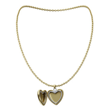 A gold heart-shaped locket necklace, with a detailed chain, isolated on a white background.
