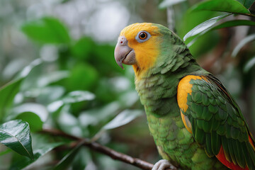 Obraz premium Colorful parrot perched on a branch surrounded by lush green foliage, showcasing vibrant plumage and intricate feather patterns in a natural habitat setting