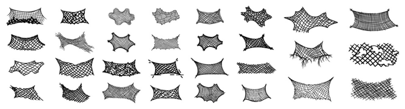 Collection of abstract net textures resembling torn fishing nets and distorted wire mesh patterns vector illustration set