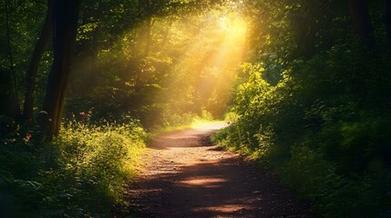 A sunlit path through a forest with green trees and leaves, leading to a bright light.