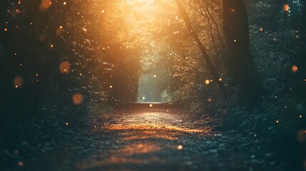 Fototapeta premium A sunlit path through a lush, green forest, with a magical, golden glow.