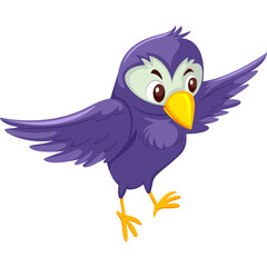 Cartoon Purple Bird with Yellow Beak and Wide Wings Open Ready to Fly Against Transparent Background Cute Character Design
