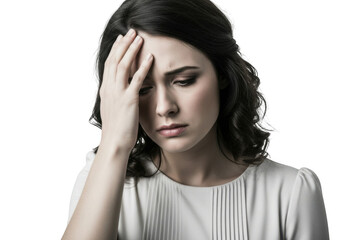 Young woman holding her head in pain isolated on transparent background
