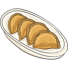 A cartoon illustration of four golden-brown pastries with crimped edges served on a white oval platter.