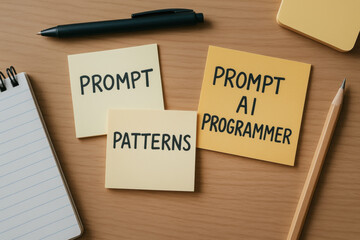 Prompt ai programmer brings creative prompt patterns for developer workflow on sticky notes at wooden desk with notebook pencil